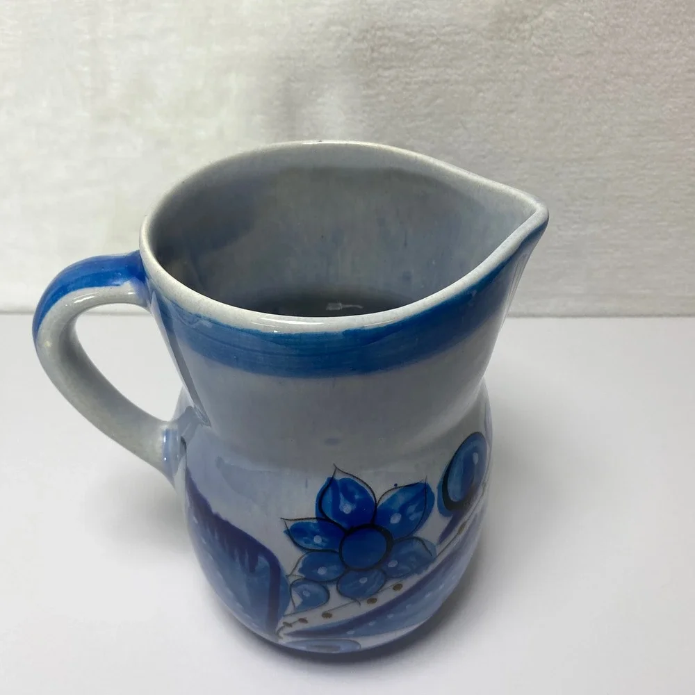 VTG Hand Painted Signed Tonala Mexican Folk Art Ceramic Pitcher Vase Blue Floral